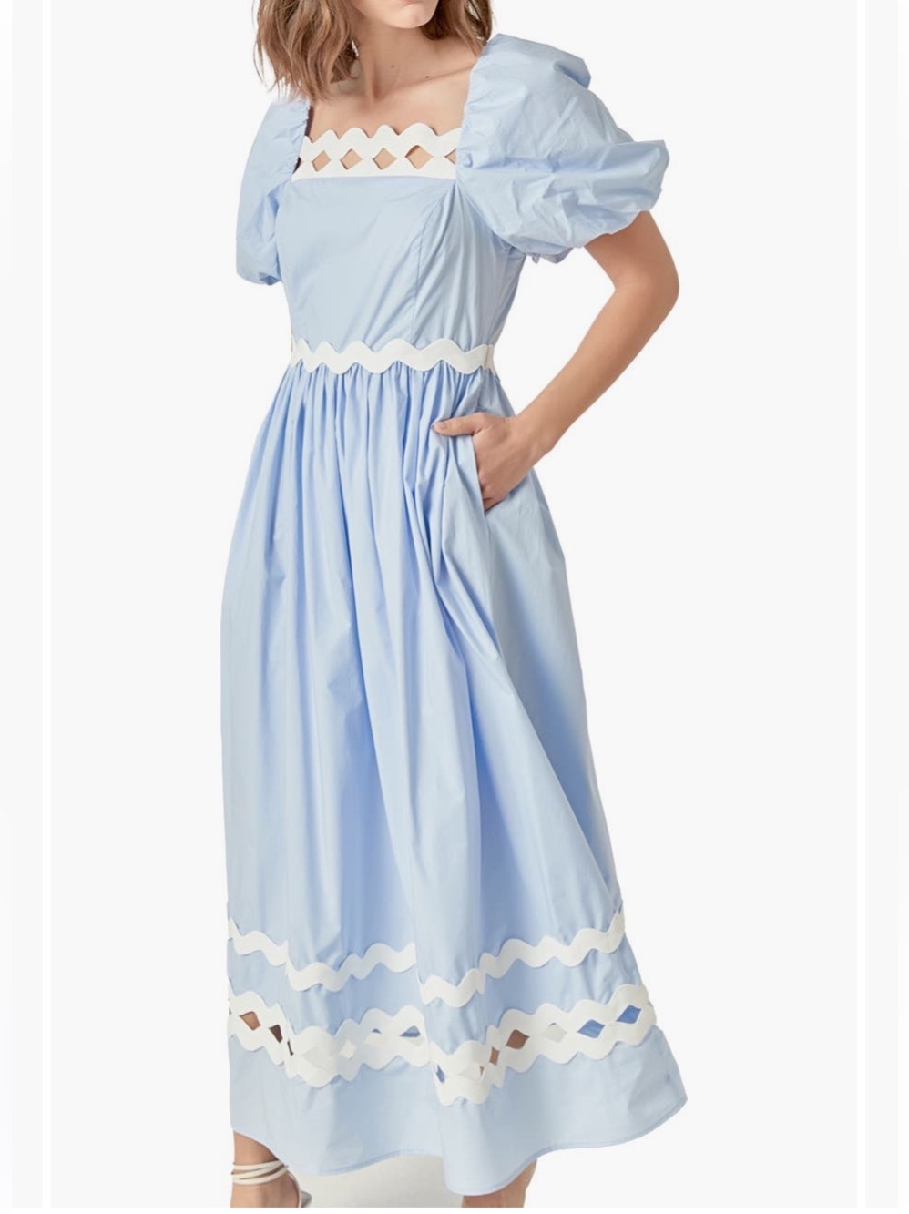 English Factory Powder Blue Puff Sleeve Cotton Midi Dress XS NWT - Picture 1 of 11